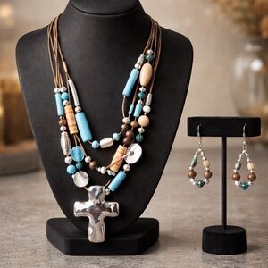 Boho Southwestern Multi-Strand Beaded Necklace Cross Pendant Matching Earrings
